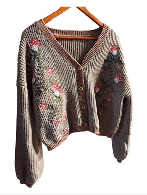 ROMWE Fairycore Flower And Mushroom Embroidered Olive Green Cardigan